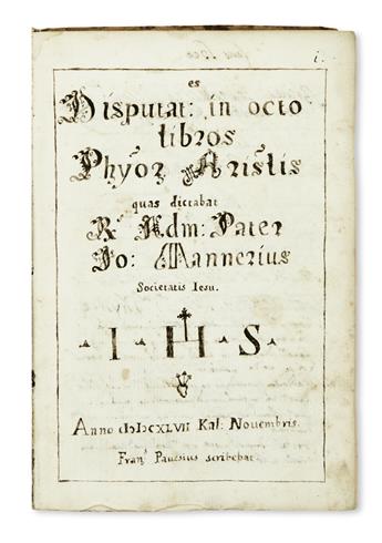 MANUSCRIPT.  Disputat[ion]es in octo libros Phys[ic]o[rum] Aris[tote]lis.  Illustrated manuscript in Latin on paper.  1647